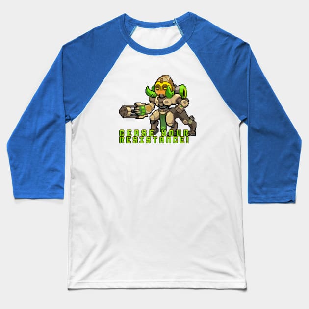 Overwatch - Orisa Pixel Quote Baseball T-Shirt by wyckedguitarist